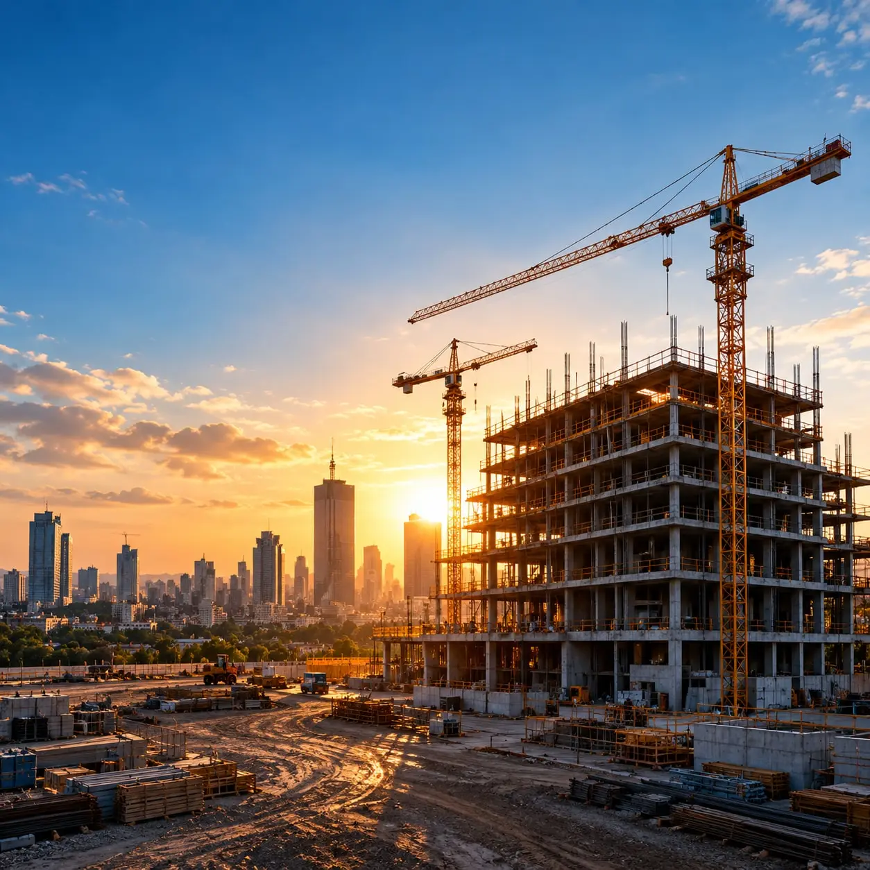 Tower crane over a building under construction at dusk