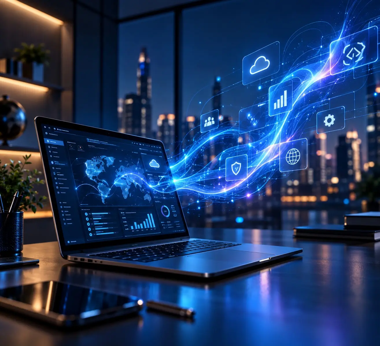 Laptop with glowing blue data streams