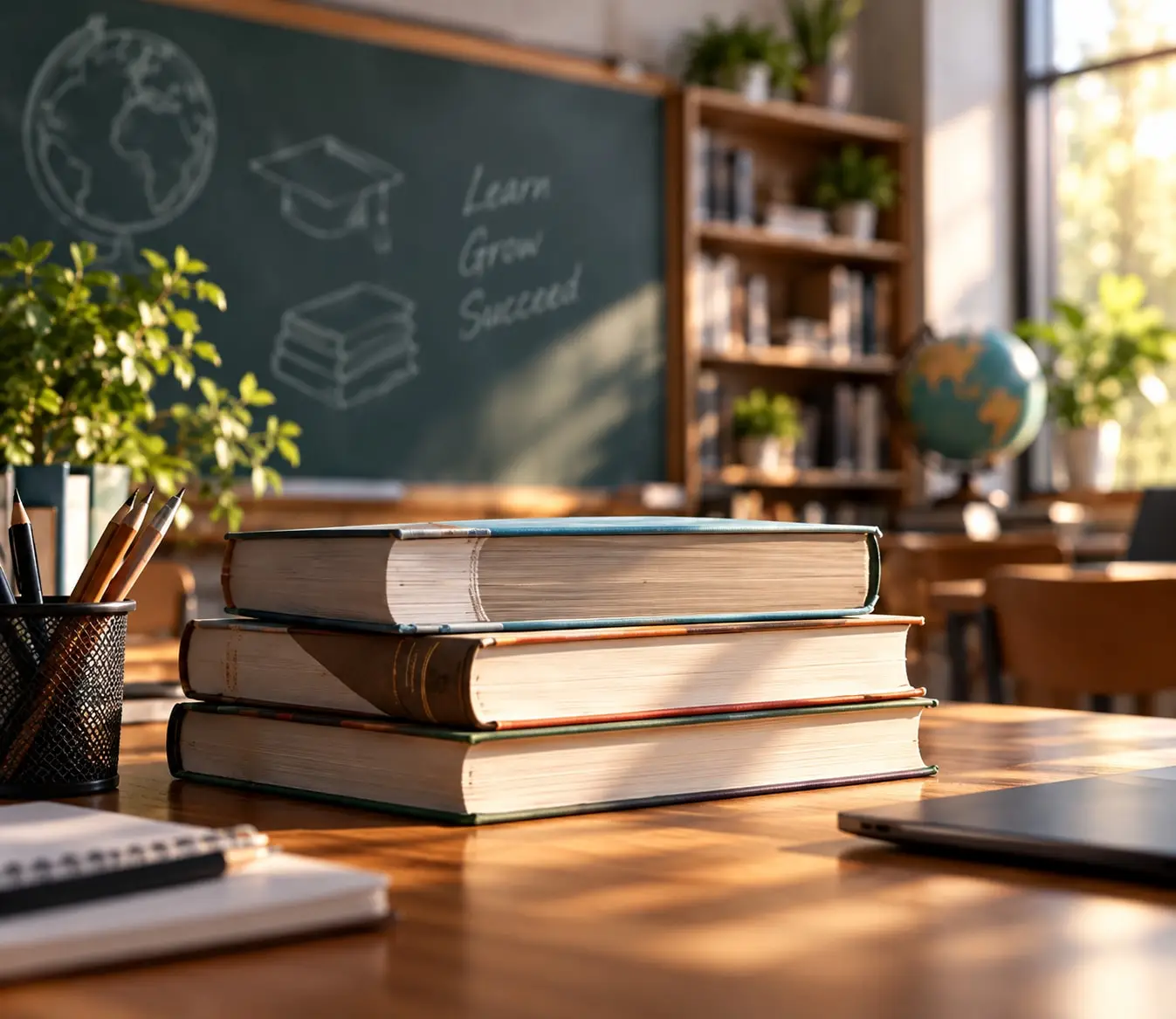 Stack of books on a desk in a classroom