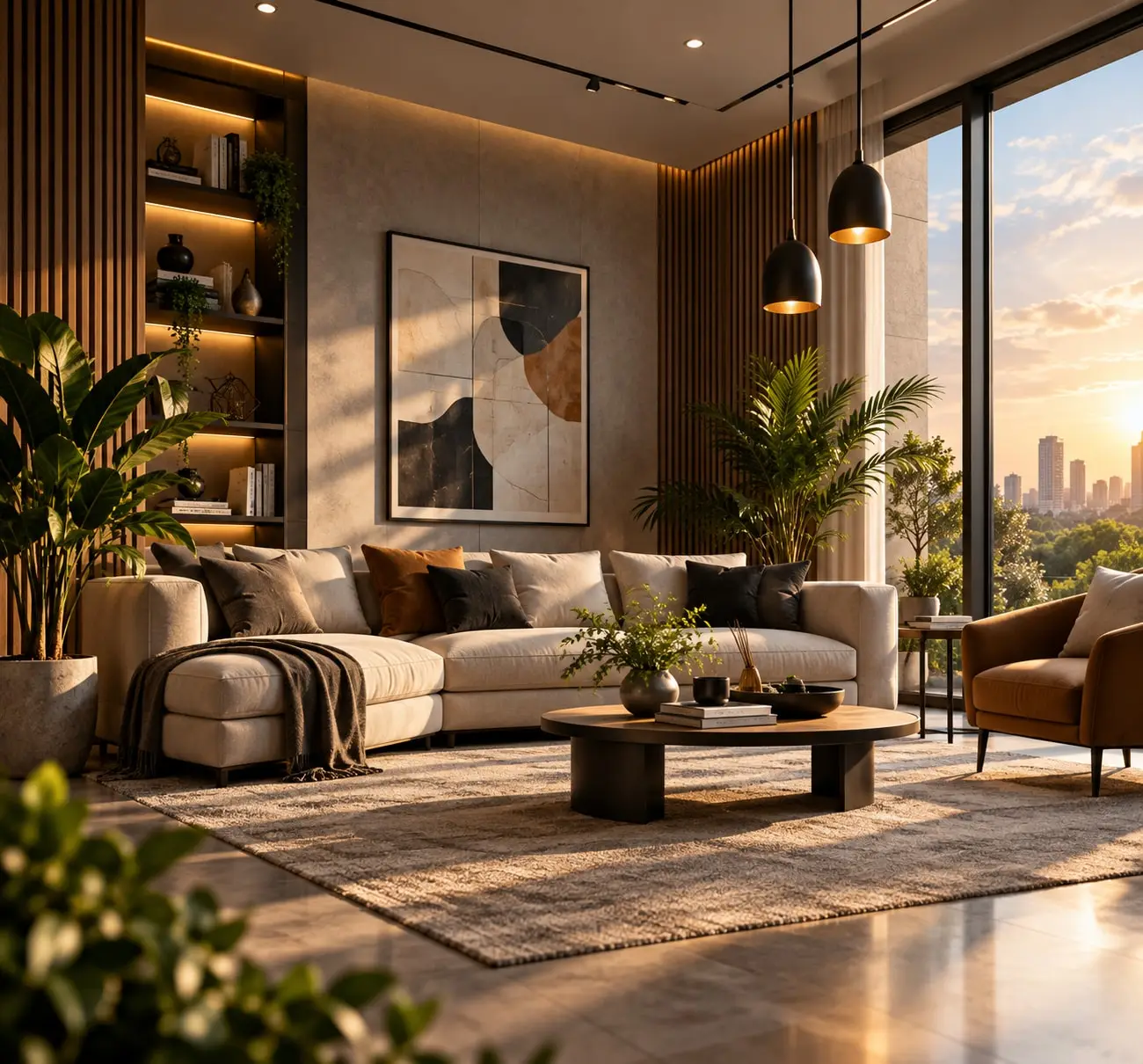 Warm modern living room with sofa and indoor plants