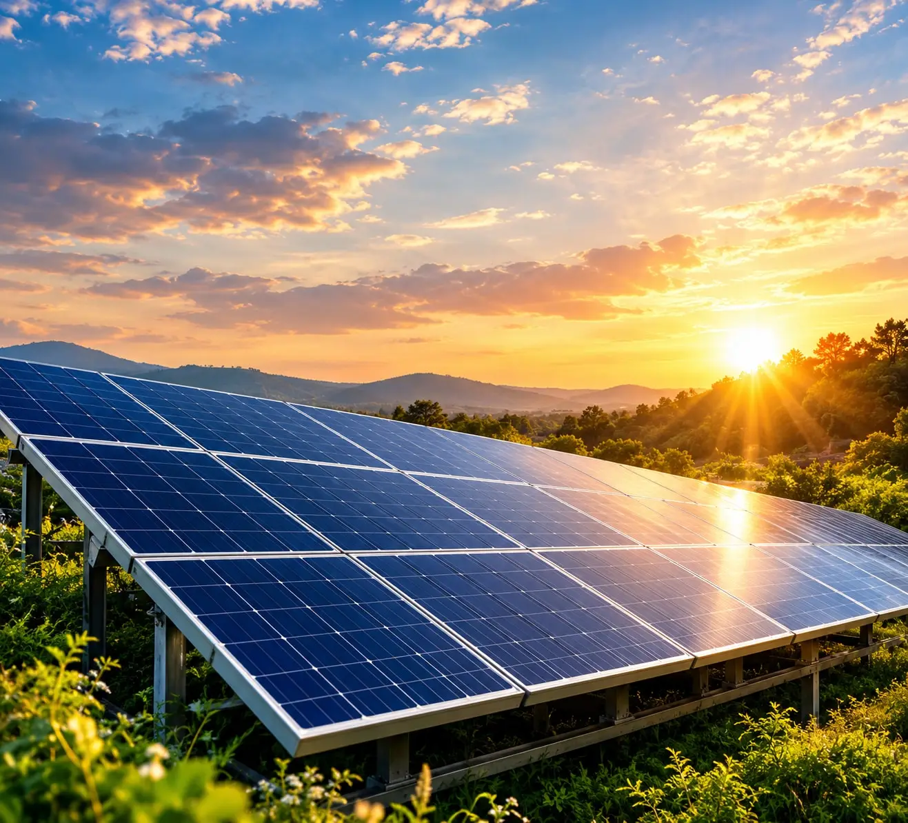 Rows of solar panels glowing at sunset